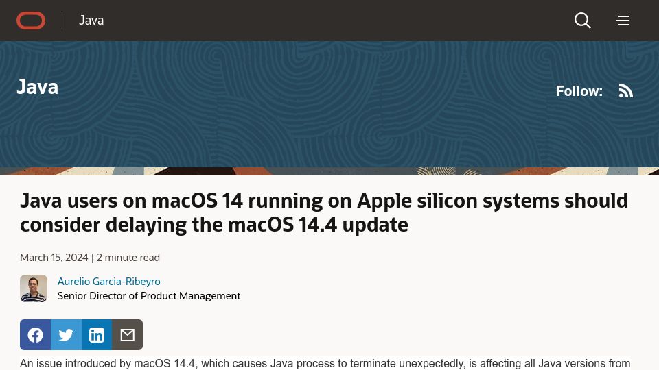 Screenshot of blogs.oracle.com: macOS 14.4 causes JVM crashes