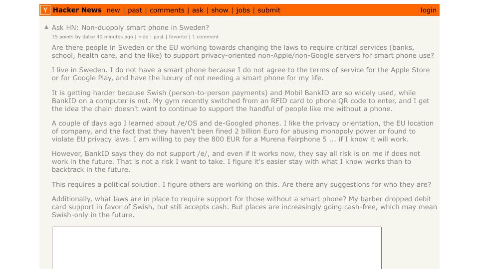 Screenshot of Hacker News post: Ask HN: Non-duopoly smart phone in Sweden?