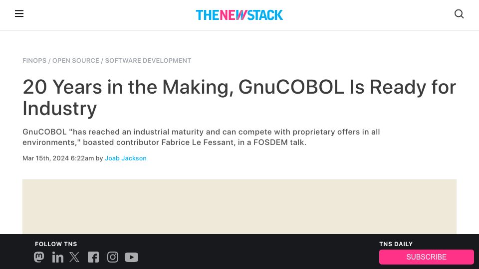 Screenshot of thenewstack.io: 20 Years in the Making, GnuCOBOL Is Ready for Industry