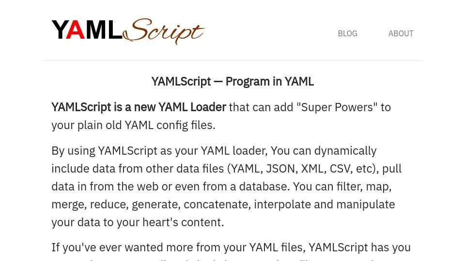 Screenshot of yamlscript.org: YAMLScript – Program in YAML