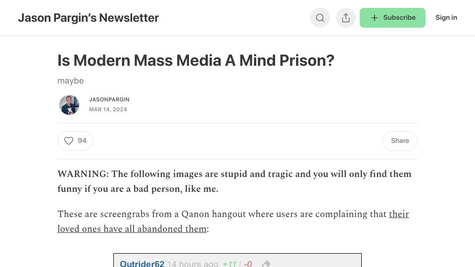 Screenshot of jasonpargin.substack.com: Is modern mass media a mind prison?