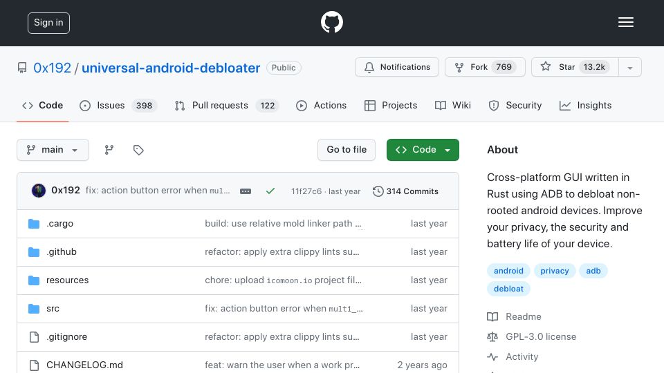 Screenshot of github.com: Debloat non-rooted Android devices