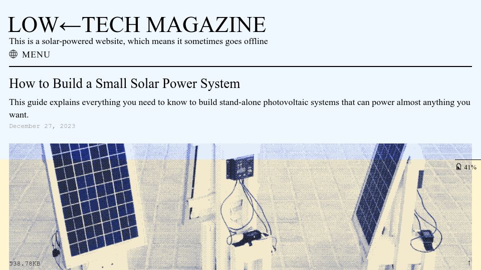 Screenshot of solar.lowtechmagazine.com: Low-tech Magazine underscores the potential of past technologies