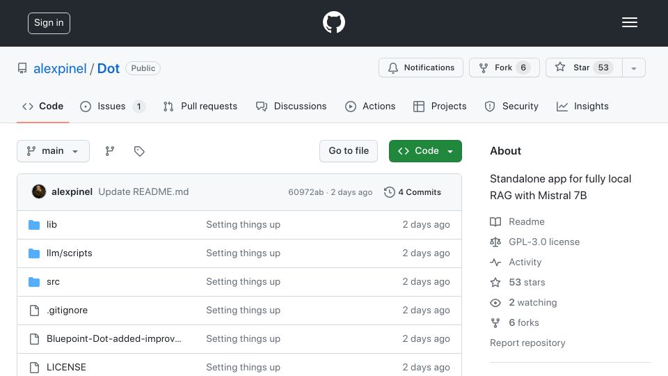 Screenshot of github.com: Dot: Standalone app for local RAG with Mistral 7B