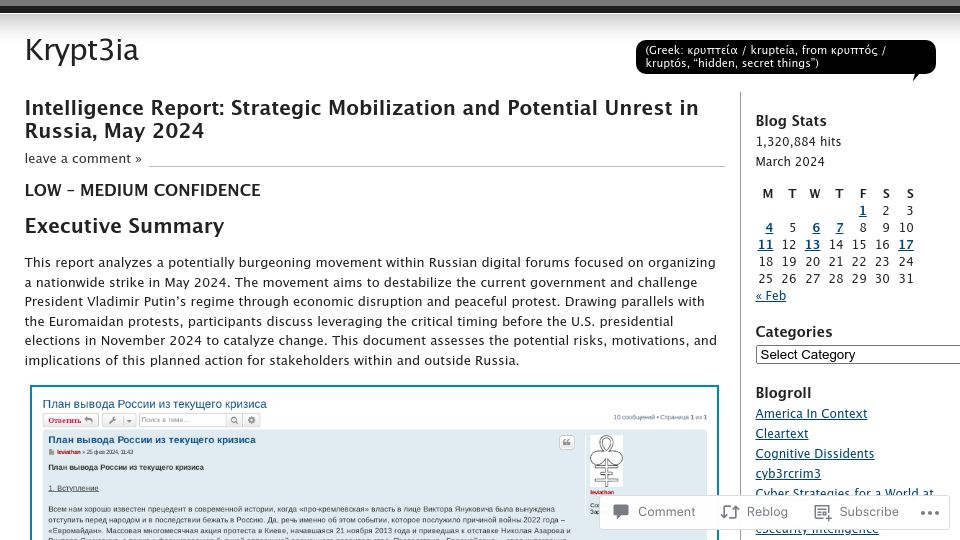 Screenshot of krypt3ia.wordpress.com: Strategic Mobilization and Potential Unrest in Russia, May 2024
