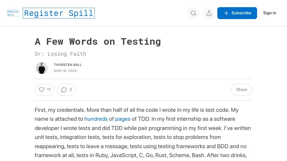 Screenshot of registerspill.thorstenball.com: Losing Faith on Testing