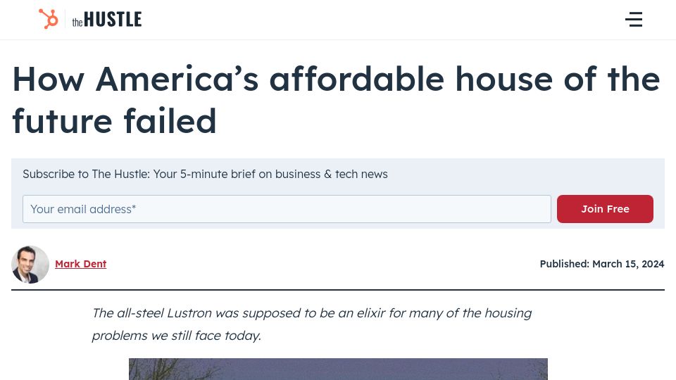 Screenshot of thehustle.co: America's affordable house of the future failed