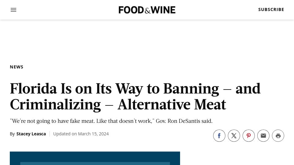 Screenshot of foodandwine.com: Florida Is on Its Way to Banning – and Criminalizing – Alternative Meat