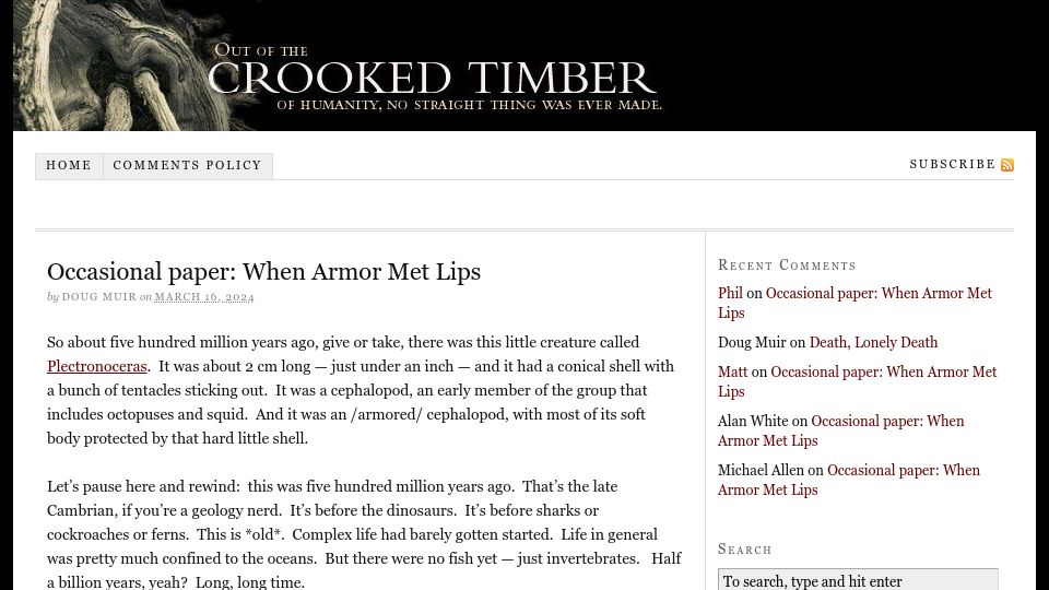 Screenshot of crookedtimber.org: When Armor Met Lips