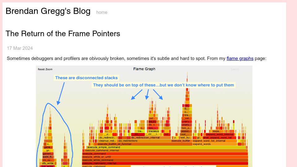 Screenshot of brendangregg.com: The return of the frame pointers