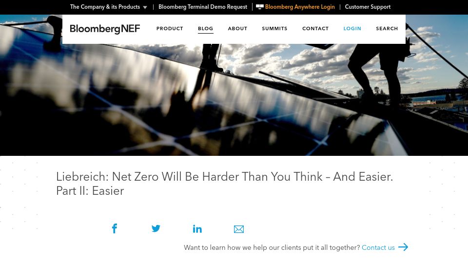 Screenshot of about.bnef.com: Liebreich: Net Zero Will Be Harder Than You Think – and Easier. Part II: Easier