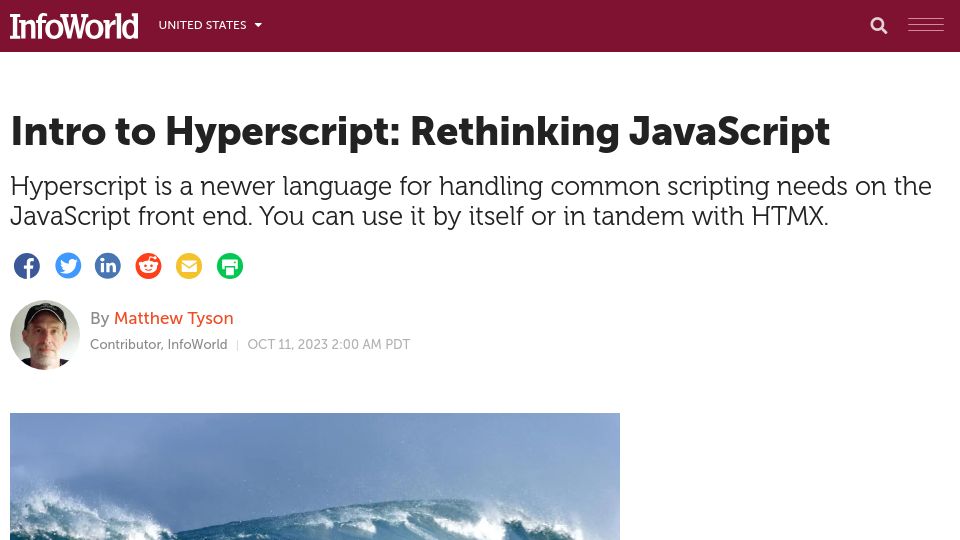 Screenshot of infoworld.com: Intro to Hyperscript: Rethinking JavaScript