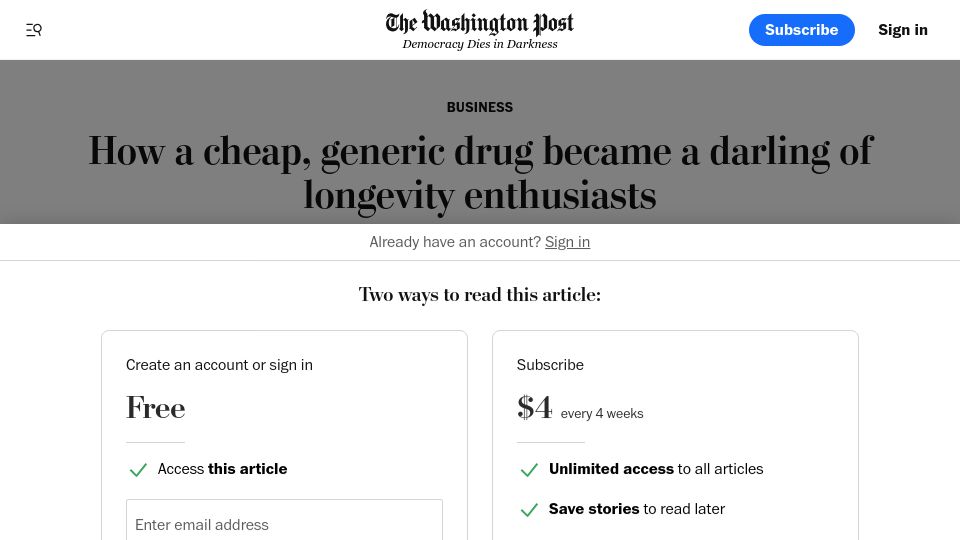 Screenshot of washingtonpost.com: A cheap, generic drug became a darling of longevity enthusiasts