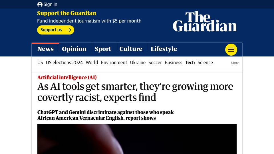 Screenshot of theguardian.com: As AI tools get smarter, they're growing more covertly racist, experts find