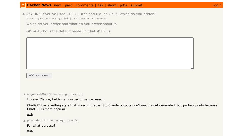 Screenshot of Hacker News post: Ask HN: If you've used GPT-4-Turbo and Claude Opus, which do you prefer?