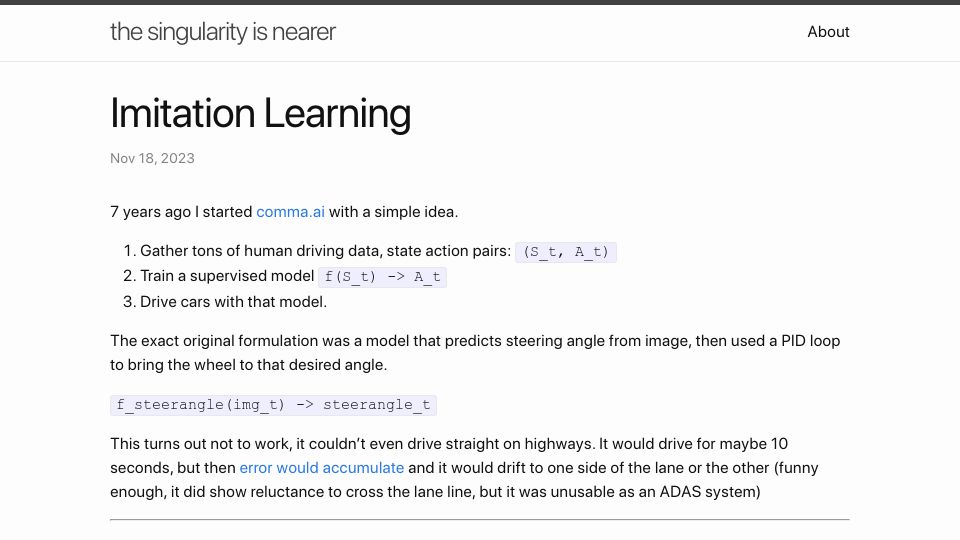 Screenshot of geohot.github.io: Imitation Learning (2023)