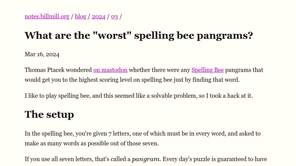 Screenshot of notes.billmill.org: What are the "worst" spelling bee pangrams?