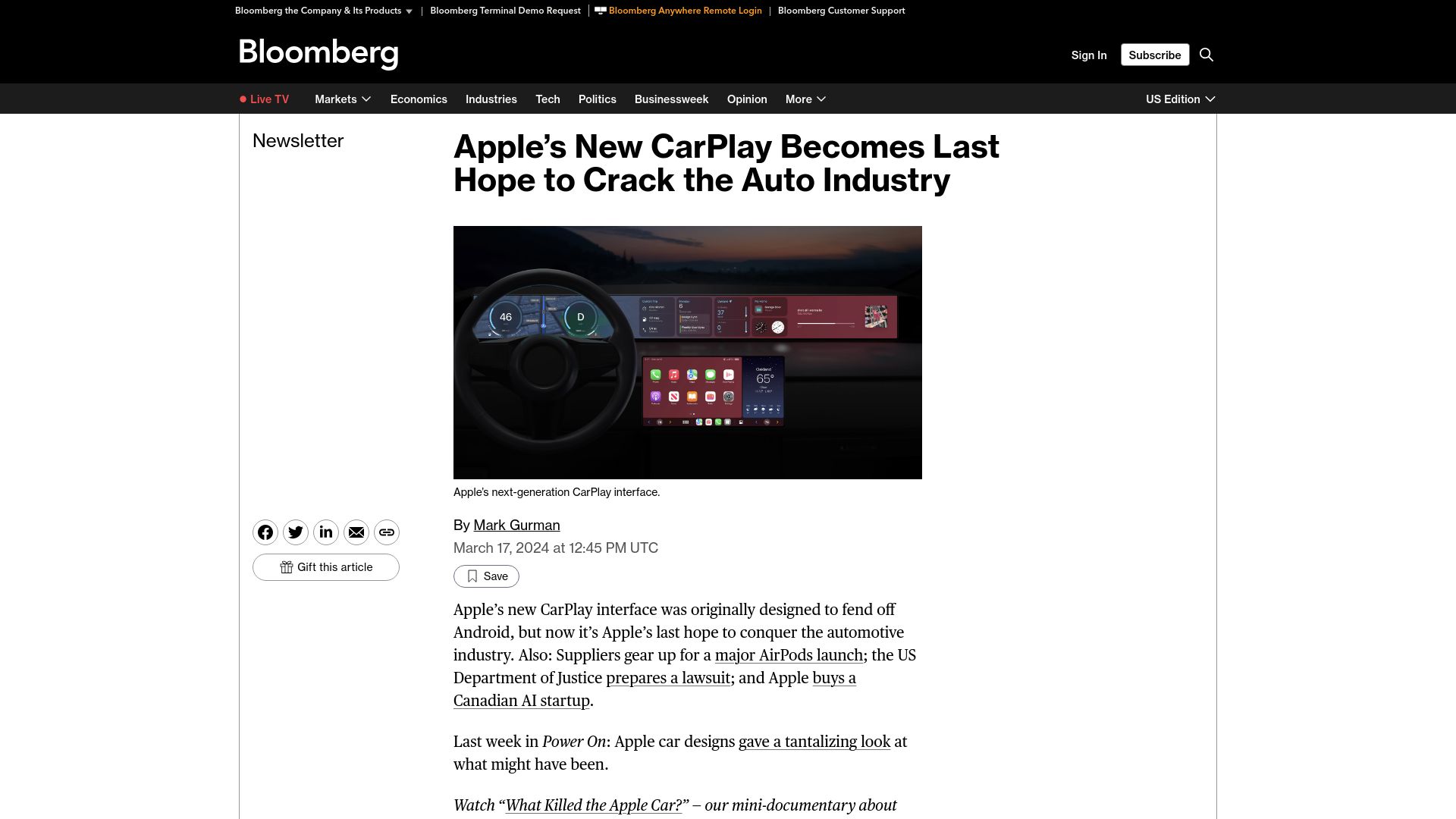 Screenshot of bloomberg.com: Apple's New CarPlay Becomes Last Hope to Crack the Auto Industry