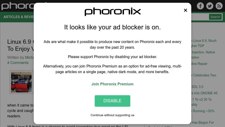 Screenshot of phoronix.com: Linux 6.9 Change Allows Old Macs Using Firewire to Enjoy Virtualization Support