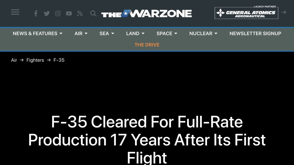 Screenshot of twz.com: F-35 Cleared for Full-Rate Production 17 Years After Its First Flight