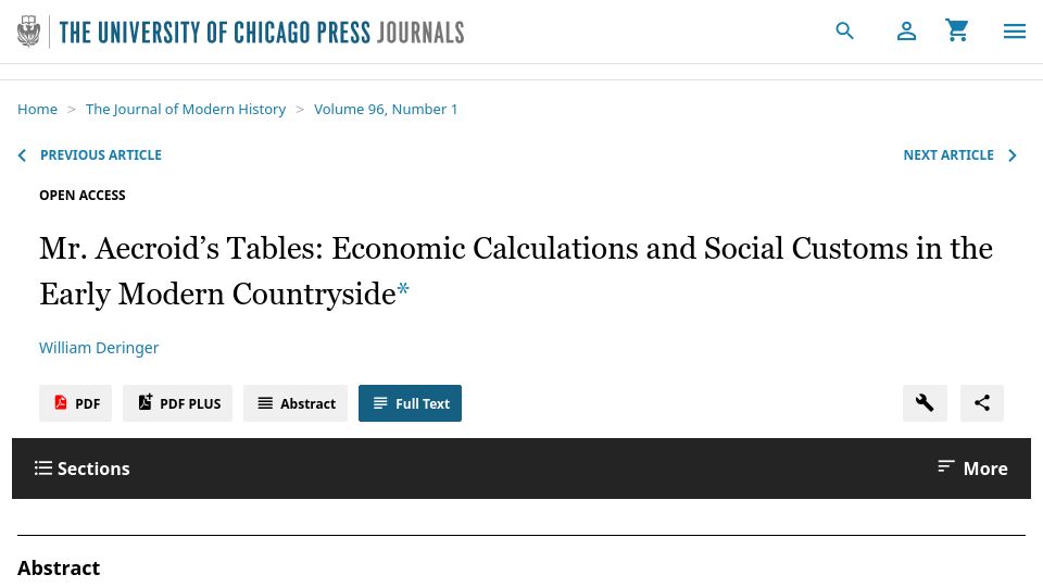 Screenshot of journals.uchicago.edu: Mr. Aecroid's Tables: Calculations and Customs in the Early Modern Countryside