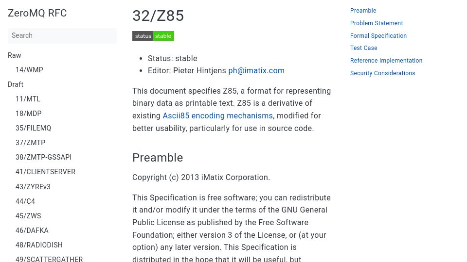 Screenshot of rfc.zeromq.org: Z85: Format for representing binary data as printable text
