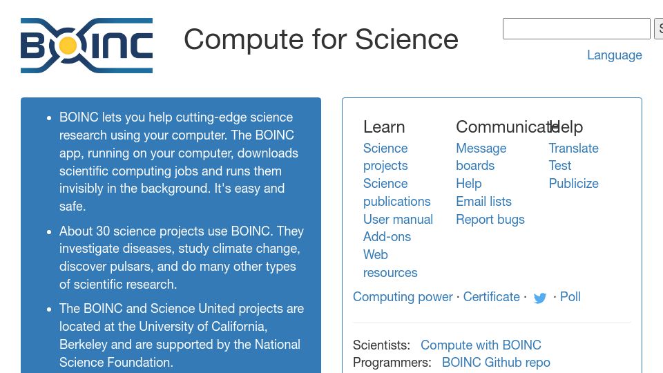 Screenshot of boinc.berkeley.edu: Boinc lets you help cutting-edge science research using your computer