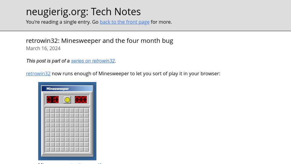Screenshot of neugierig.org: Retrowin32: Minesweeper and the Four Month Bug