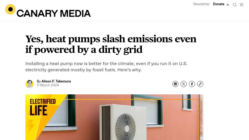 Screenshot of canarymedia.com: Heat pumps slash emissions even if powered by a dirty grid