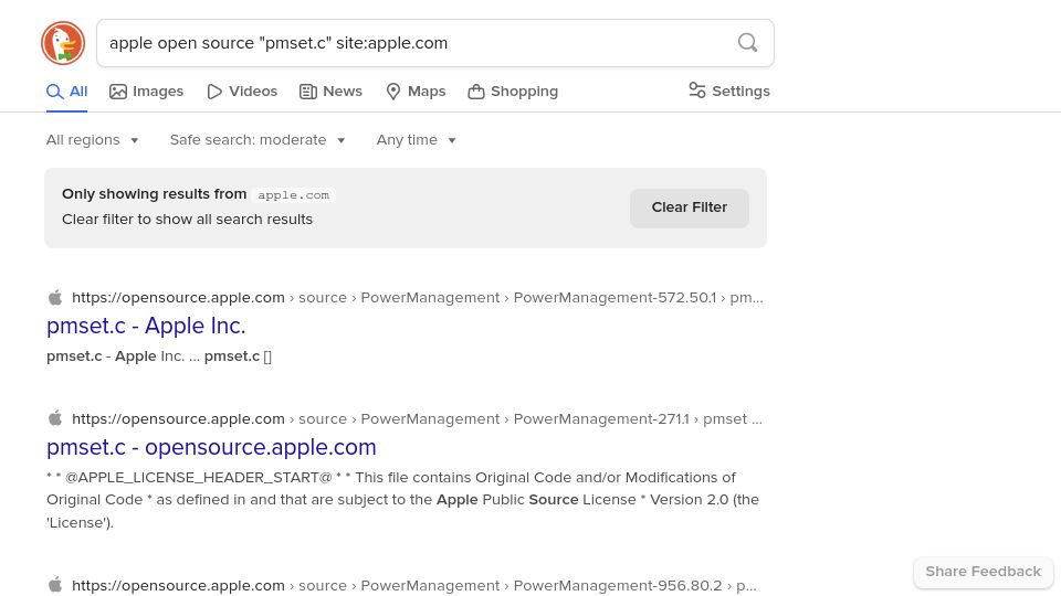 Screenshot of duckduckgo.com: Apple no longer self-hosts their open source code and moved it all to GitHub