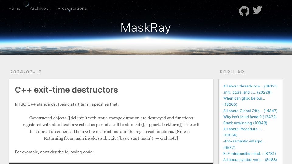 Screenshot of maskray.me: C++ Exit-Time Destructors