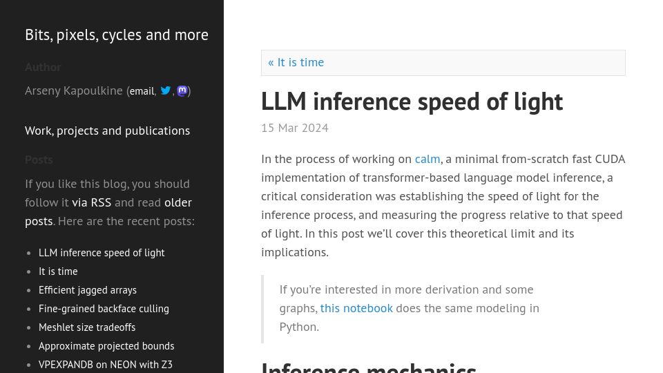 Screenshot of zeux.io: LLM Inference Speed of Light