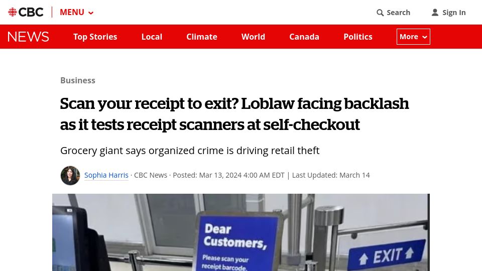 Screenshot of cbc.ca: Loblaw facing backlash as it tests receipt scanners at self-checkout