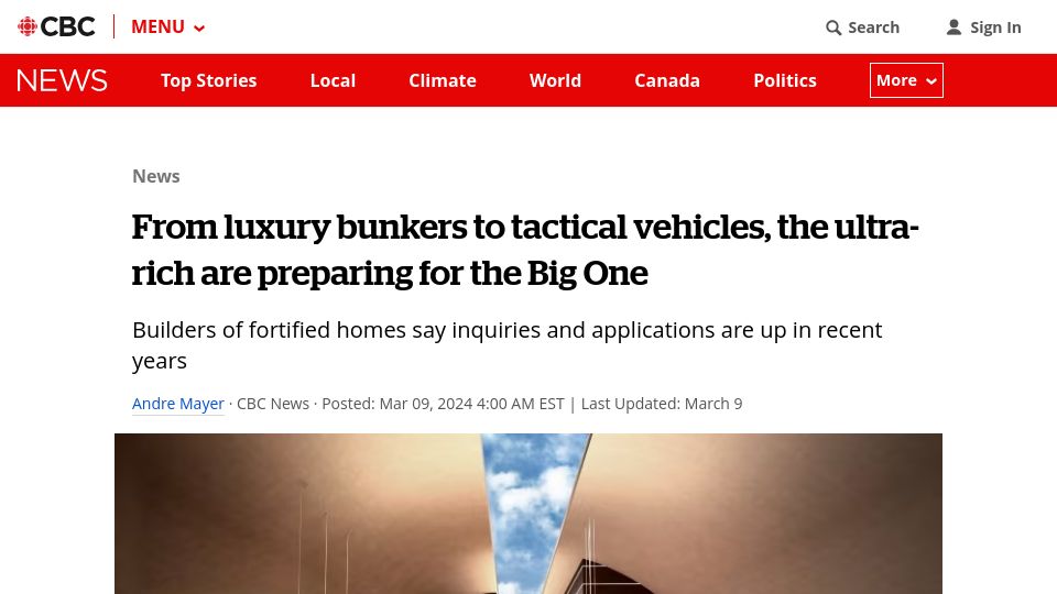 Screenshot of cbc.ca: Luxury bunkers to tactical vehicles, ultra-rich are preparing for the Big One
