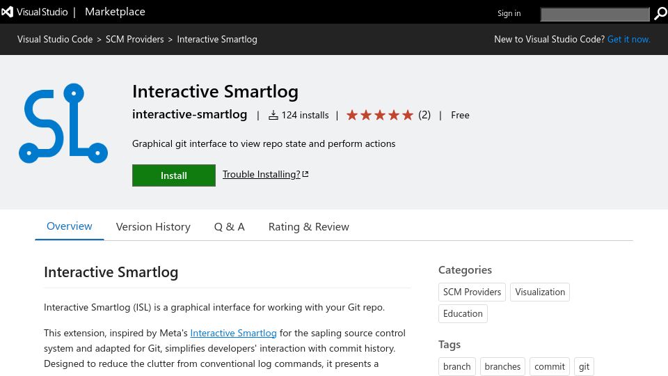 Screenshot of marketplace.visualstudio.com: Show HN: Interactive Smartlog VSCode Extension – An Interactive Git GUI