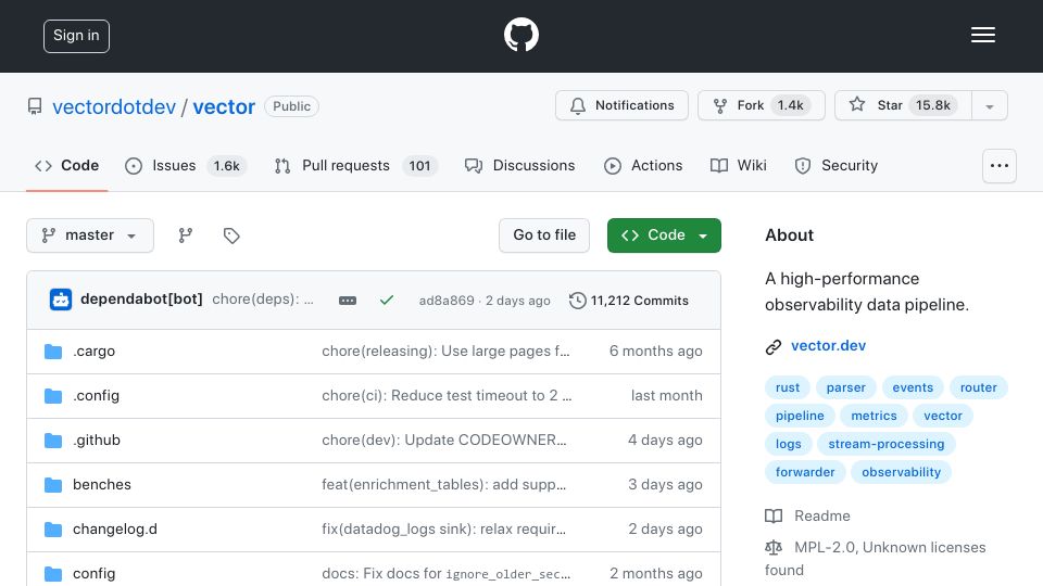 Screenshot of github.com: Vector: A high-performance observability data pipeline