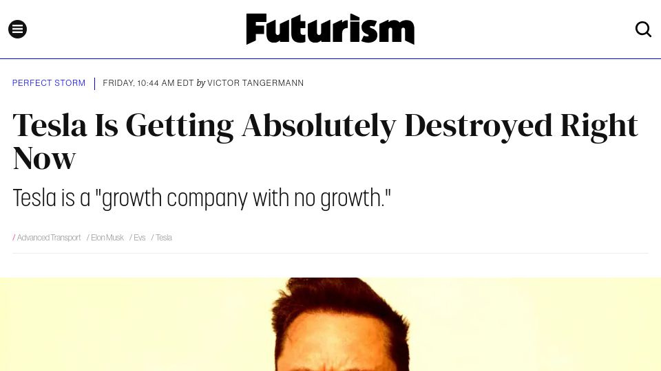 Screenshot of futurism.com: Tesla Is Getting Absolutely Destroyed Right Now