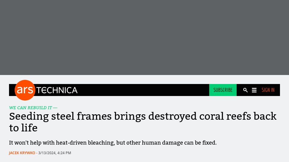 Screenshot of arstechnica.com: Seeding steel frames brings destroyed coral reefs back to life