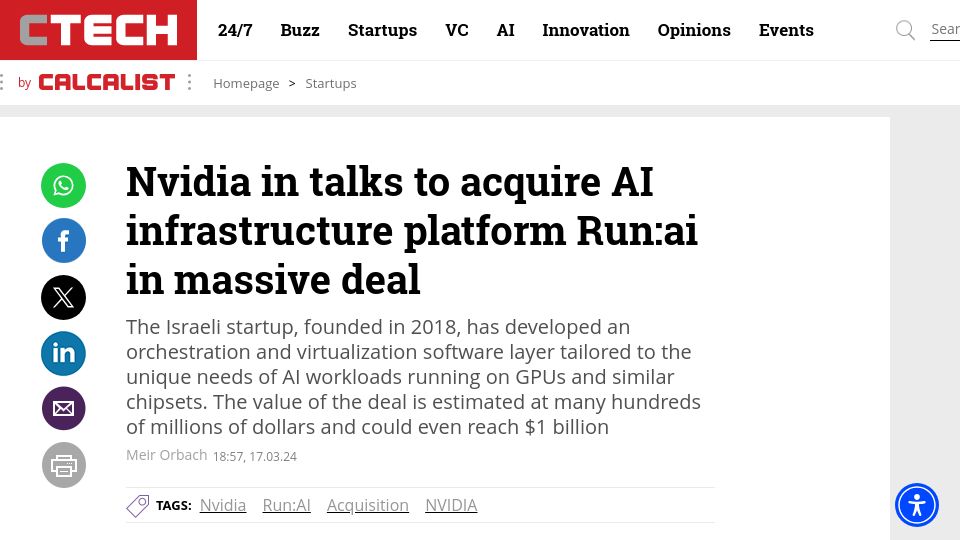 Screenshot of calcalistech.com: Nvidia in talks to acquire AI infrastructure platform Run:AI