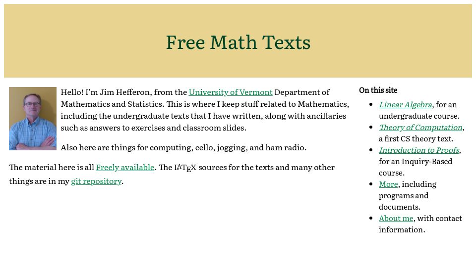 Screenshot of hefferon.net: Free Math Texts