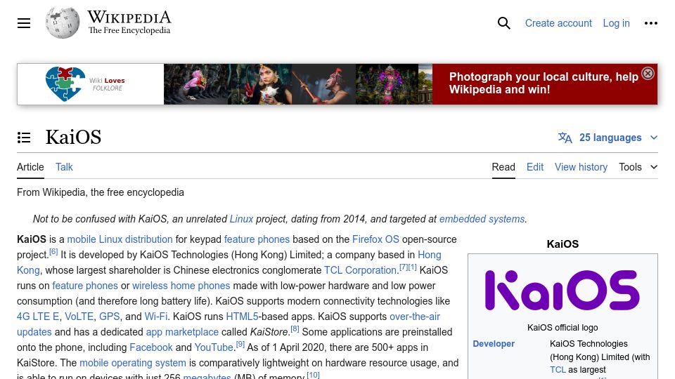 Screenshot of en.wikipedia.org: KaiOS