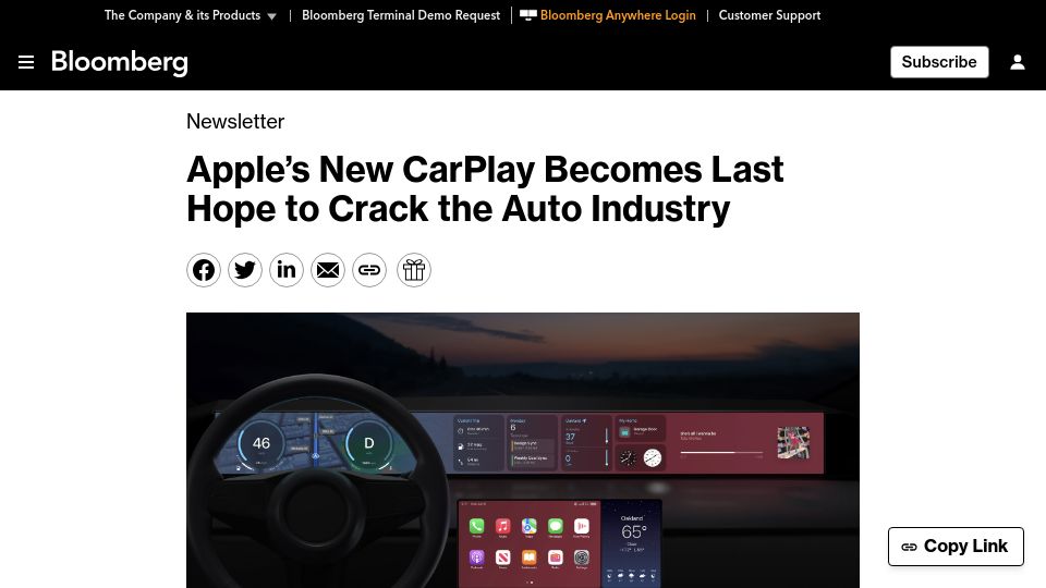 Screenshot of bloomberg.com: Apple's New CarPlay Becomes Last Hope to Crack the Auto Industry