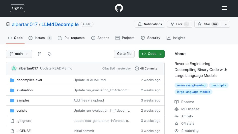 Screenshot of github.com: LLM4Decompile: Decompiling Binary Code with LLM