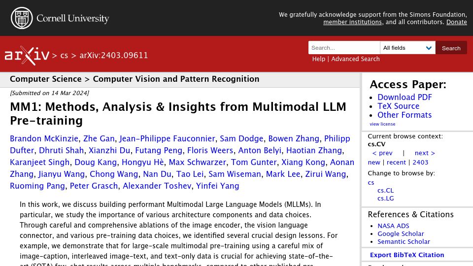 Screenshot of arxiv.org: Apple MM1: Methods, Analysis and Insights from Multimodal LLM Pre-Training