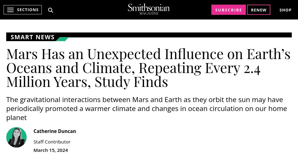 Screenshot of smithsonianmag.com: Mars Has Influence on Earth's Oceans and Climate, Repeating Every 2.4M Years