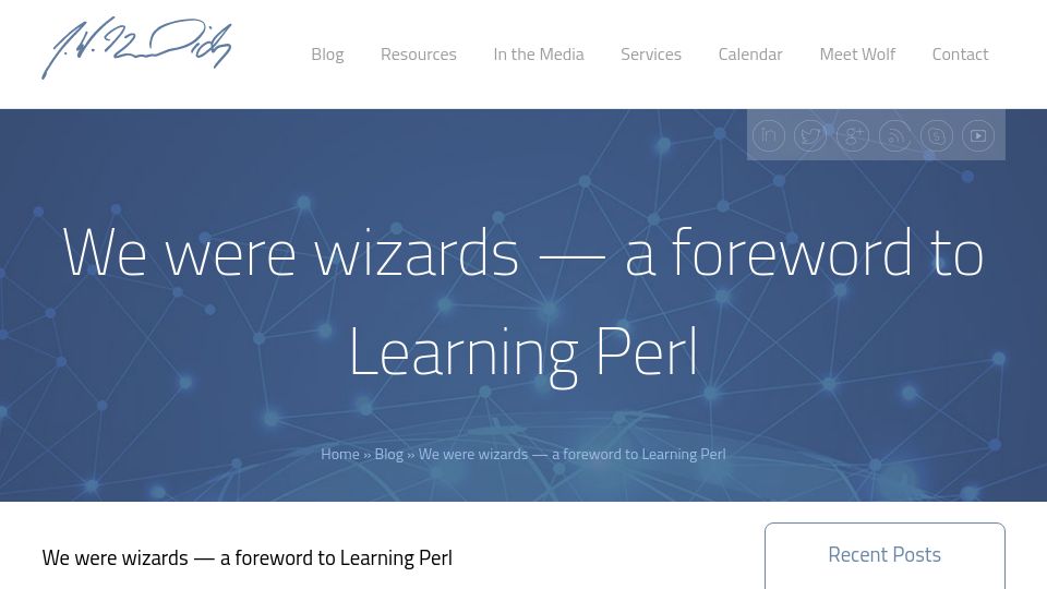 Screenshot of jwgoerlich.com: We were wizards – a foreword to Learning Perl (1993)
