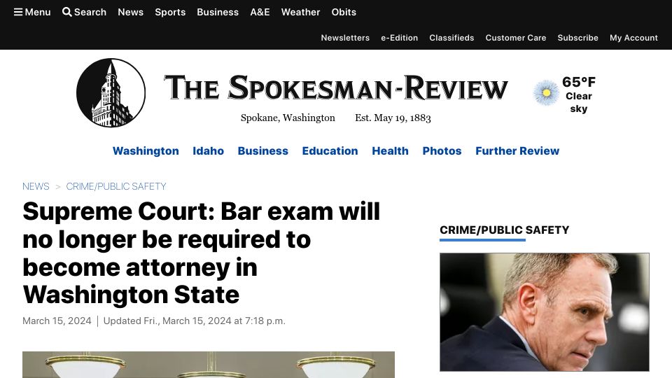 Screenshot of spokesman.com: Bar exam will no longer be required to become attorney in Washington State