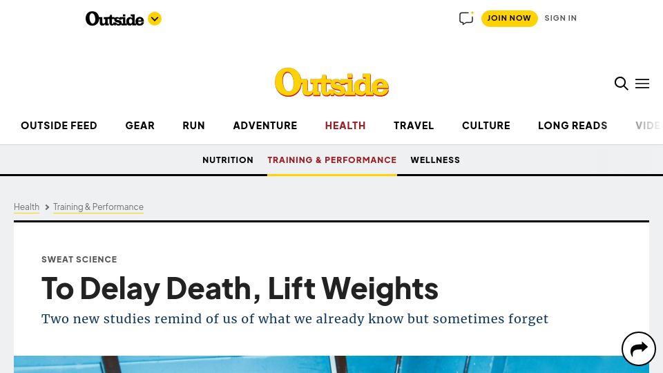 Screenshot of outsideonline.com: To Delay Death, Lift Weights