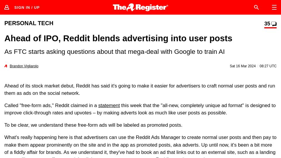 Screenshot of theregister.com: Ahead of IPO, Reddit blends advertising into user posts