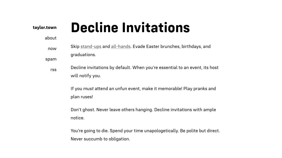 Screenshot of taylor.town: Decline Invitations